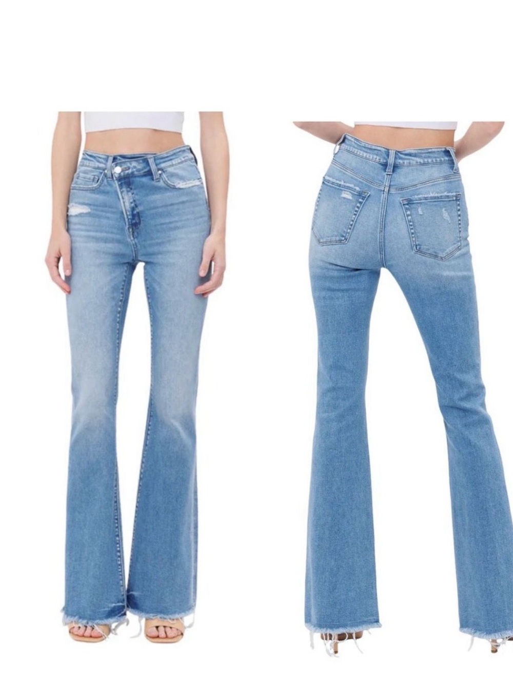 MICA High Rise Criss Cross Flare Jeans 31 Distressed Raw Hem Medium Blue Wash